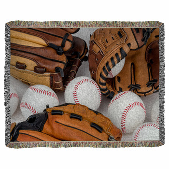 Collection Of Baseball Gloves And Woven Throw Blanket