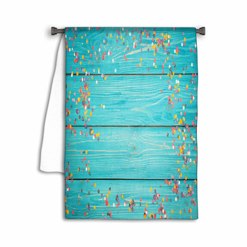 Colorful Confetti On A Wooden Turquoise Background  Towel