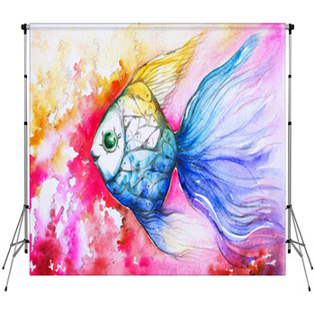 Colorful Fish Watercolor Painted Fleece Backdrop