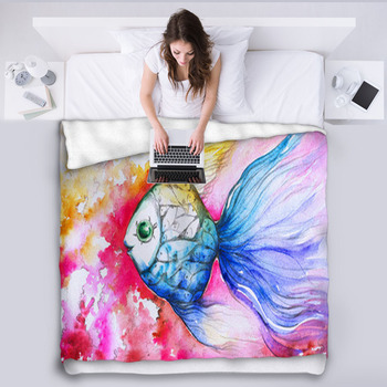 Colorful Fish Watercolor Painted Fleece Blanket