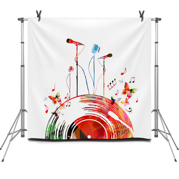Colorful Music Poster With Vinyl Record  Fleece Backdrop