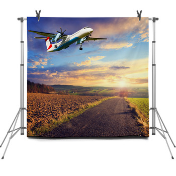 Colorful Sunset Over Road With Plane In  Fleece Backdrop