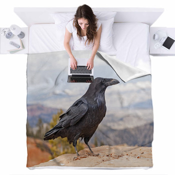 Common Raven On A Rock Ledge Fleece Bed Blanket