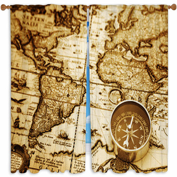 Compass On Vintage Map Custom Size Window Curtain