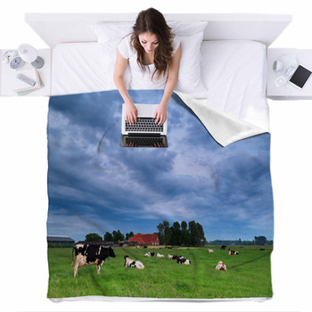Cow On Pasture During Clouded Morning Fleece Bed Blanket