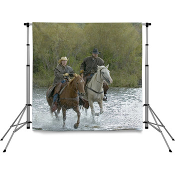 Cowboy,cowgirl Galloping Across Pole Pocket Backdrop