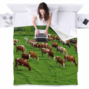 Cows Grazing On Pasture Fleece Bed Blanket