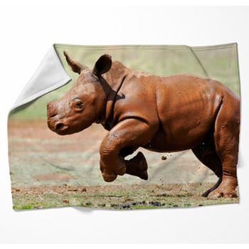 Cute Baby Wild White Rhino Running Woven Throw Blanket