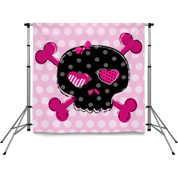 Cute Black Skull With Heart Eyes Pole Pocket Backdrop