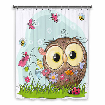 Cute Cartoon Owl On A Meadow Custom Size Shower Curtain