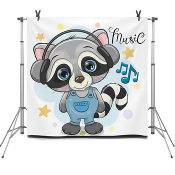 Cute Cartoon Raccoon With Headphones Fleece Backdrop