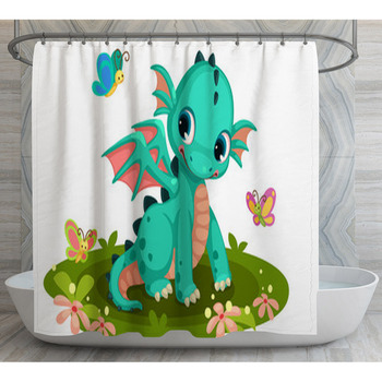 Cute Green Baby Dragon Cartoon With Shower Curtain