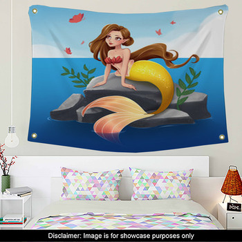 Cartoon Cute Mermaid with Little Fish Tapestry Wall Hanging Living Room Bedroom 