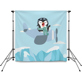 Cute Penguin Flying Plane On Sky Pole Pocket Backdrop