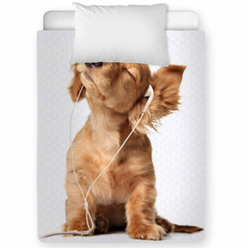 Cute Puppy Listening To Music On A Toddler Comforter