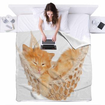 Cute Red Haired Kitten Sleeping In Fleece Bed Blanket
