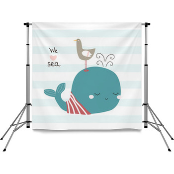 Cute Whale And Seagull With Slogan  Pole Pocket Backdrop