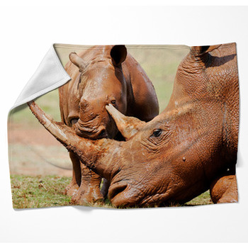 Cute Wild Baby White Rhino Playing Woven Throw Blanket