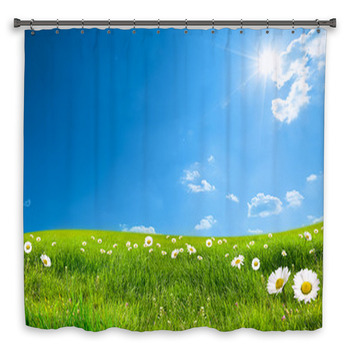 Flower Shower Curtain Spring Grass and Daisy Print for Bathroom