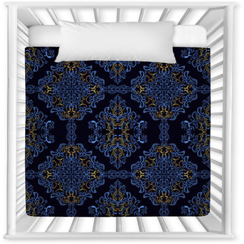 Dark Blue Retro Wallpaper With Baby Crib Comforter