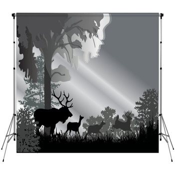 Deer Silhouettes In Grey Forest Fleece Backdrop