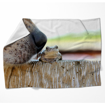 Dog Nose Sniffing Tree Frog Outside Woven Throw Blanket