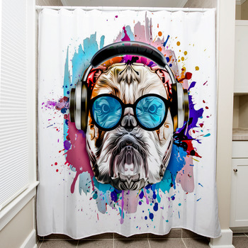 Dog With Headphones Shower Curtain