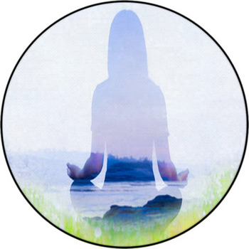 Double Exposure Of Yoga Pose Landscape With Round Rug