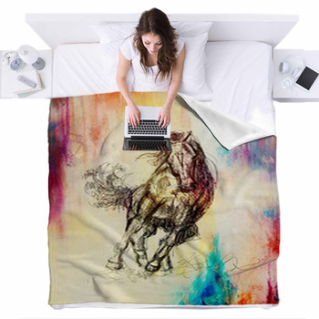 Draw Pencil Horse On Old Paper Vintage  Fleece Bed Cover