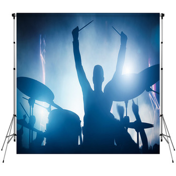 Drummer Playing On Drums On Music Fleece Backdrop