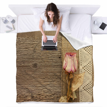 Dry Rose  On The Wooden Background Fleece Bed Blanket