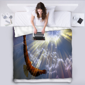 Eagle In Flight Above Tyhe Clouds Fleece Blanket
