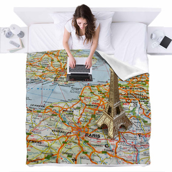 Eiffel Tower On Map Fleece Bed Blanket