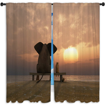 Elephant And Dog Sit On A Summer Beach Window Curtain
