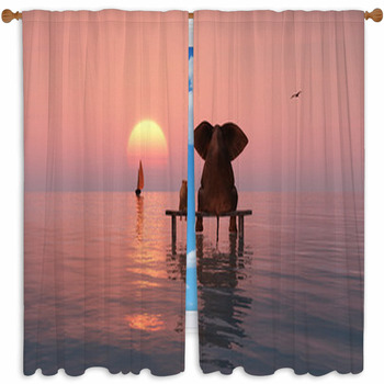 Elephant And Dog Sitting In Custom Size Window Curtain