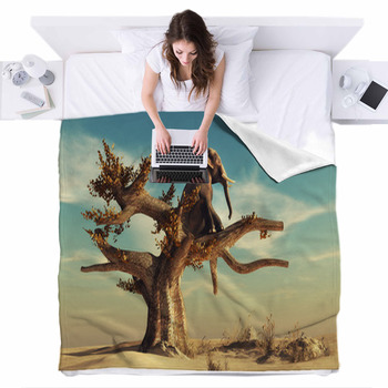 Elephant In A Dry Tree Fleece Bed Blanket