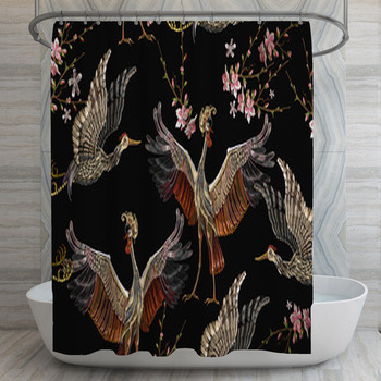 Embroidery Crane Birds And Sakura Flowers  Shower Curtain