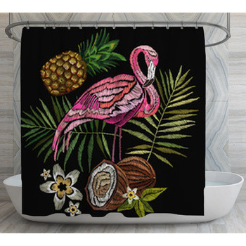 Embroidery Flamingo Palm Tree Leaves Shower Curtain