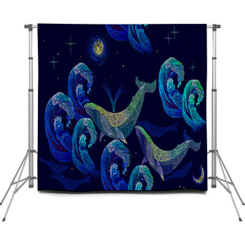 Embroidery Whales Seamless Pattern  Custom Size Backdrop
