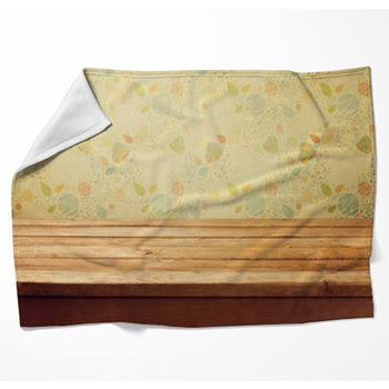 Empty Wooden Deck Table Over Floral Print  Fleece Blanket