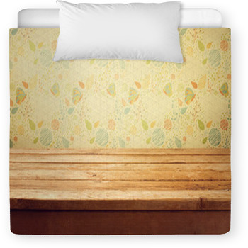 Empty Wooden Deck Table Over Floral Print  Toddler Duvet