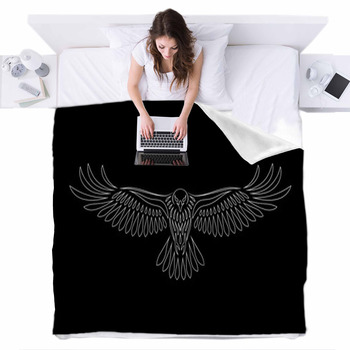Engraving Of Stylized Hawk On Black Fleece Bed Blanket