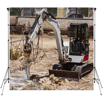 Excavator With Hammer Engaged In Custom Size Backdrop