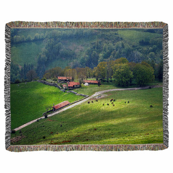 Farm Houses In Mountain With Horses Woven Throw Blanket