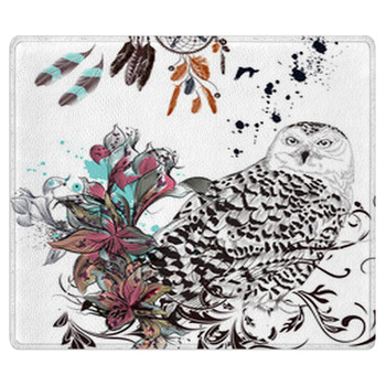 Fashion Background With Owl Flowers And Feathers Bath Mat