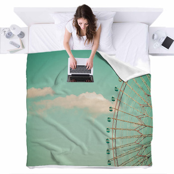 Ferris Wheel On Blue Sky Sunny Day Fleece Bed Blanket