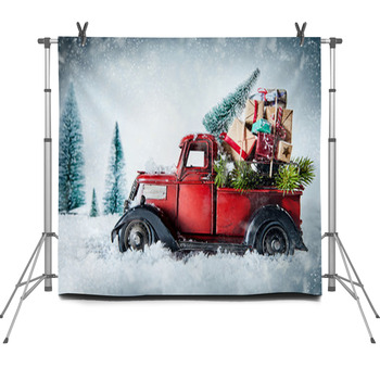 Festive Red Vintage Truck With Fleece Backdrop