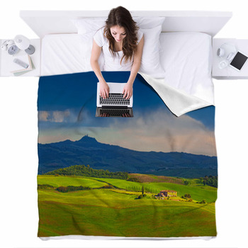 Fields And Hills Shined With Sunset Fleece Bed Blanket