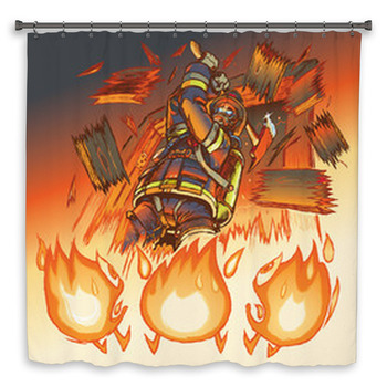 Firefighter Attacks Cartoon Flames With Shower Curtain