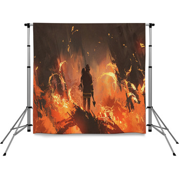 Firefighter Holding Girl Standing Pole Pocket Backdrop
